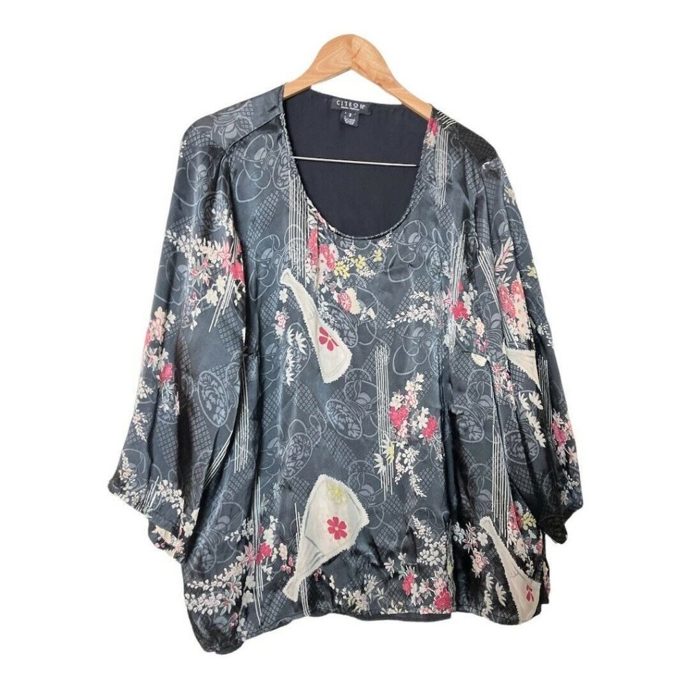 Citron Embossed Silk Rayon Tunic Top Floral Black 3